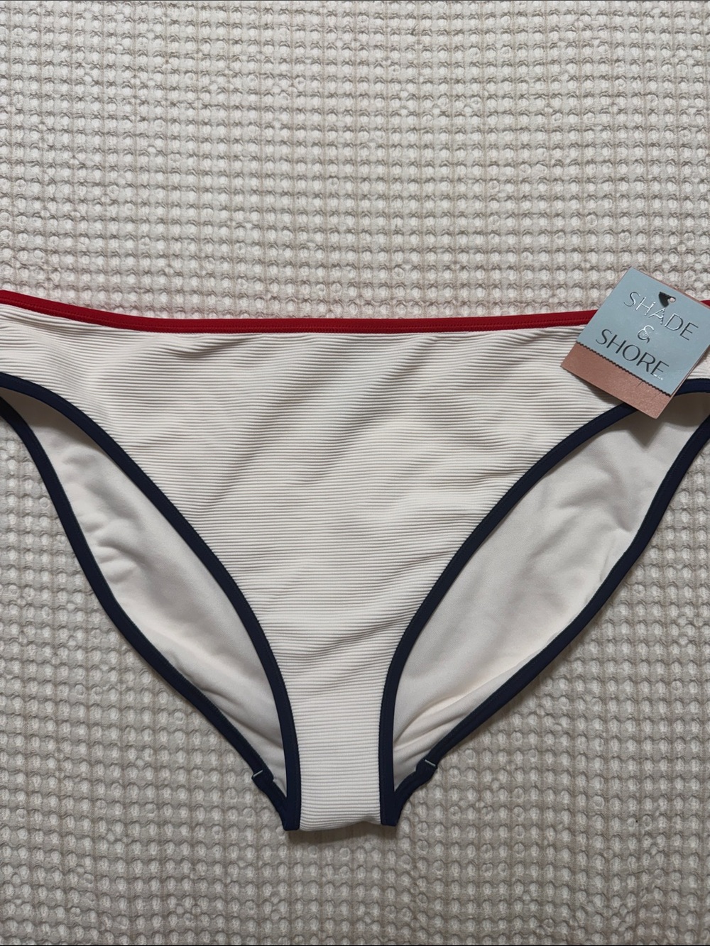 Shade & Shore Cream Bikini Bottom with Navy Trim and Red Waistband